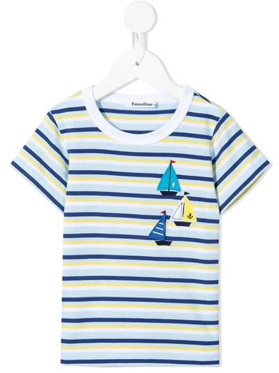 Familiar Kids' Striped Appliqué Cotton T-shirt In Blue