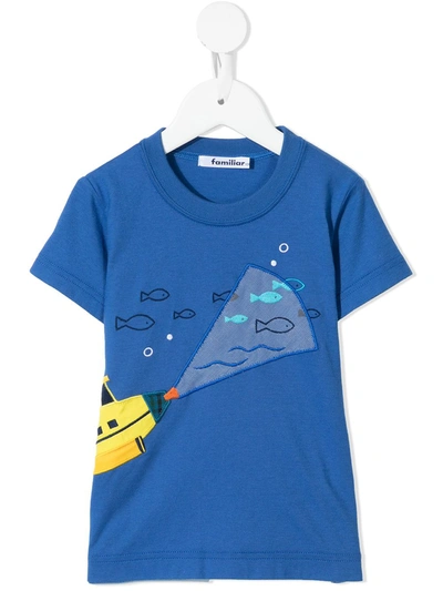 Familiar Kids' Submarine-motif Cotton T-shirt In Blue