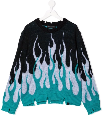 Vision Of Super Teen Flame-intarsia Distressed Jumper In Black