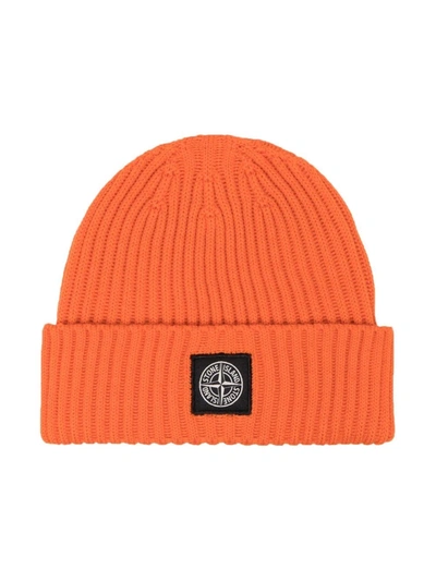 Stone Island Kids' Logo Patch Beanie In Orange
