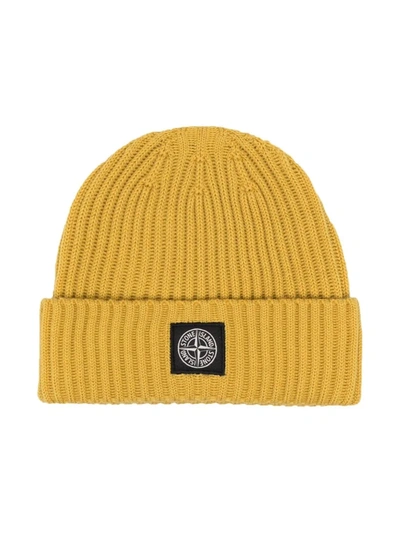 Stone Island Kids' Logo Patch Beanie In Yellow