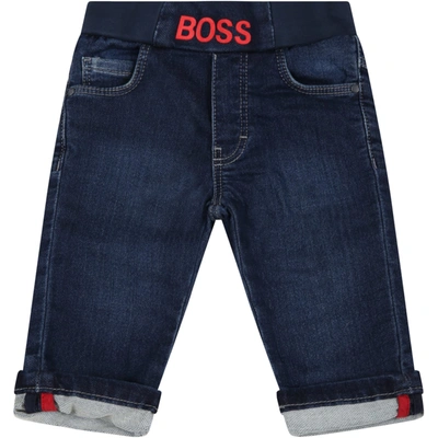 Hugo Boss Blue Jeans For Baby Boy With Red Logo In Denim