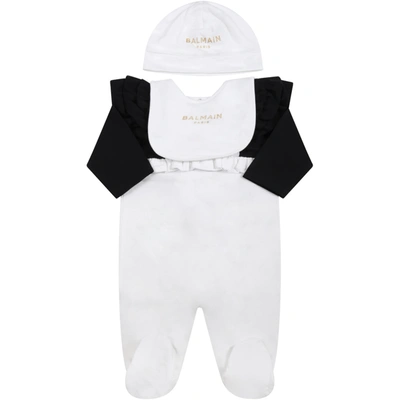 Balmain White Set For Baby Girl With Golden Logo In Nero-bianco
