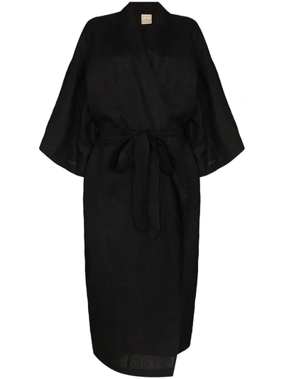 Deiji Studios The 02 Linen Kimono Dressing Gown In Black
