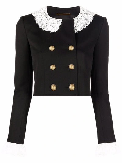 Saint Laurent Cropped Double-breasted Lace-trimmed Wool-drill Jacket In Black,white