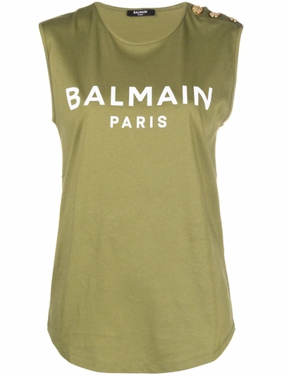 Balmain Woman Khaki Green Sleeveless T-shirt With White Flocked Logo