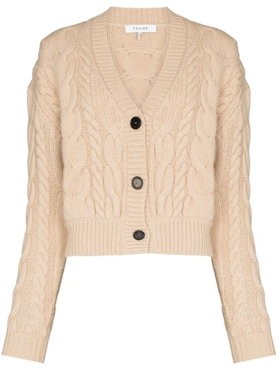 Frame Cropped Cable-knit Wool Cardigan In Oatmeal