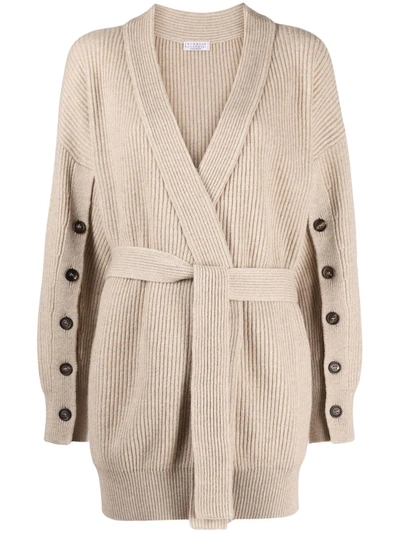 Brunello Cucinelli Buttoned-sleeves Cashmere Cardigan In Beige