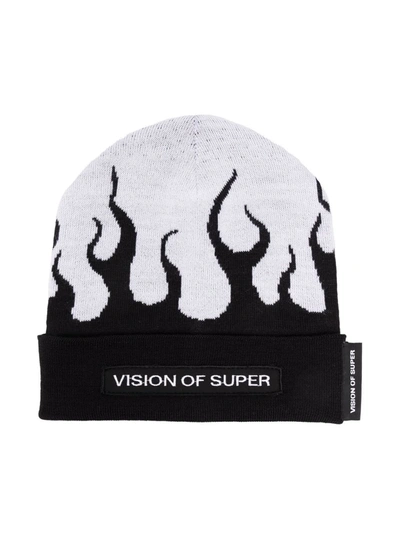 Vision Of Super Kids' Flame-intarsia Knitted Beanie In 黑色