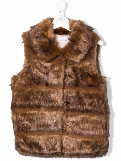 Chloé Kids' Faux-fur Sleeveless Panelled Jacket In Brown