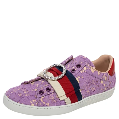 Pre-owned Gucci Purple Lace And Canvas Sylvie Web Sneakers Size 38