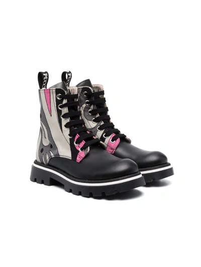 Emilio Pucci Junior Abstract-print Leather Boots In 黑色