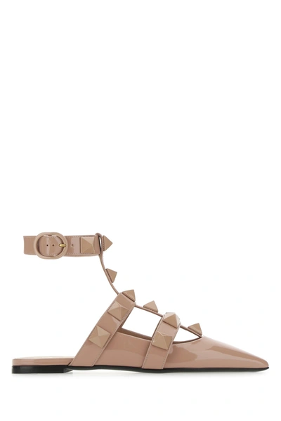 Valentino Garavani Taupe Leather Roman Stud Ballet Flats In Pink