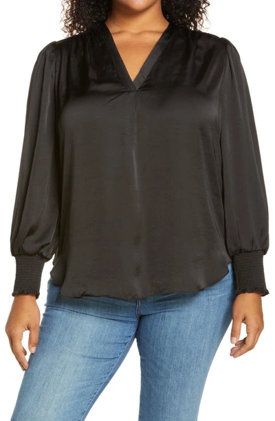 Vince Camuto Smocked Long Sleeve V-neck Blouse In Rich Black