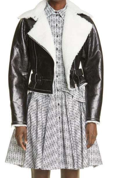 Alaïa Sheepskin Leather & Genuine Shearling Bomber Jacket In Noir/ Blanc