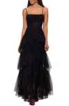 Betsy & Adam Mesh Corset Ball Gown In Black