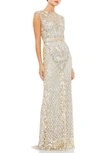 Mac Duggal Metallic Sequin Sheath Gown In Platinum Gold