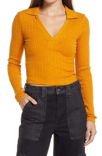 Bdg Urban Outfitters Rosie Crop Long Sleeve Polo In Mustard