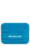 Balenciaga Cash Logo Croc Embossed Leather Card Case In Turquoise/ L White