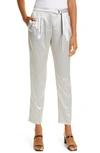 MILLY TATUM BELTED HAMMERED SATIN ANKLE PANTS,05TP60-Y1