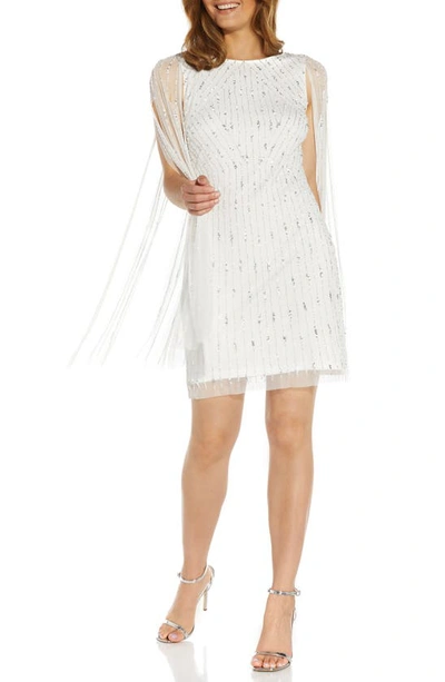 Adrianna Papell Beaded Cocktail Cape Dress In Ivory/ Silver