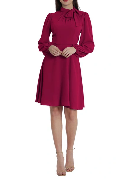 Maggy London Catalina Tie Neck Long Sleeve Fit & Flare Crepe Dress In Sangria