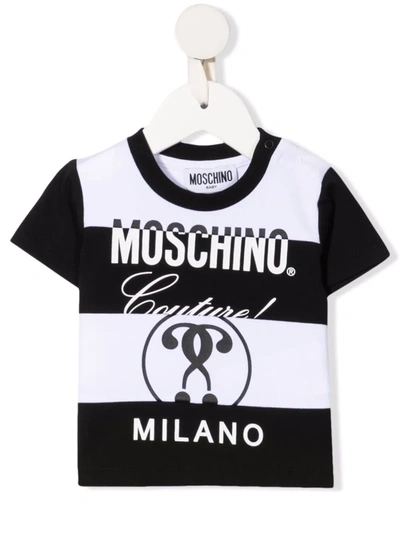 Moschino Babies' Striped Logo Print T-shirt In Bianco/nero
