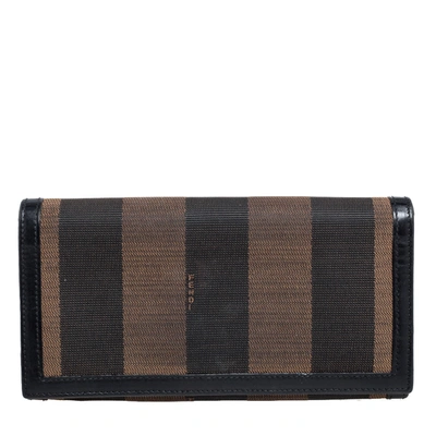 Pre-owned Fendi Brown/black Pequin Stripe Canvas And Leather Flap Continental Wallet