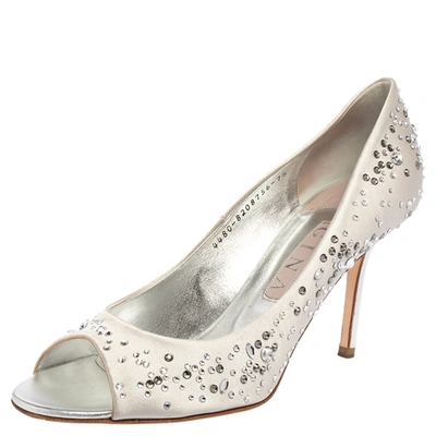 Pre-owned Gina Light Grey Satin Crystal Embellished Dusk Open Toe Pumps Size 40.5 In Silver