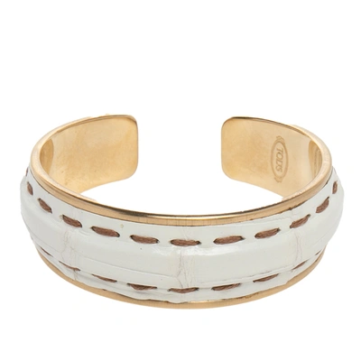Pre-owned Tod's Gold Tone Stitch Detail White Leather Narrow Cuff Bracelet