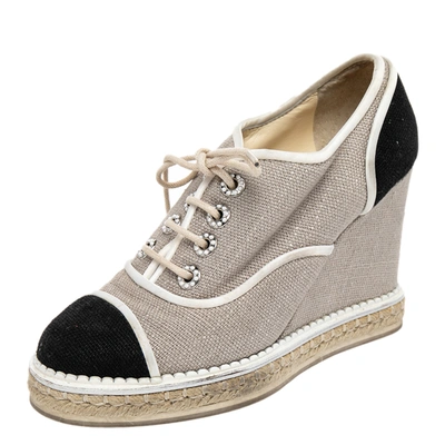 Pre-owned Chanel Beige/black Jute Cc Wedge Sneakers Size 38
