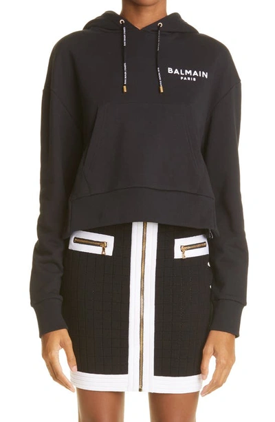 Balmain Black Flocked Logo Crop Hoodie