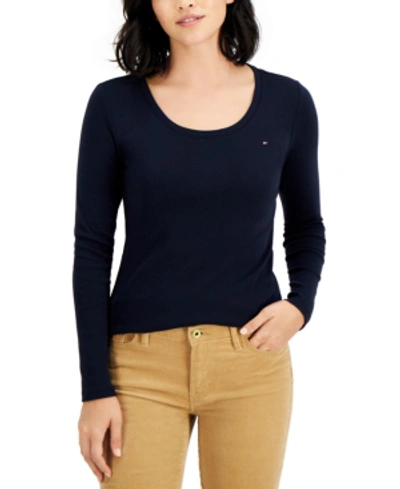 Tommy Hilfiger Women's Solid Scoop-neck Long-sleeve Top In Sky Captain