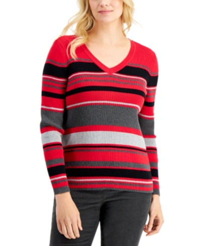 Karen Scott Blair Cotton Striped Rib V-neck Sweater, Created For Macy's In New Red Amore Combo