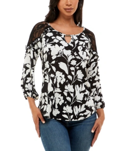 Adrienne Vittadini Women's 3/4 Sleeve Lace Cold Shoulder Top In Painted Floral Black/ivory