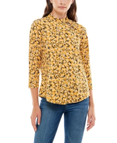 Adrienne Vittadini Women's Mock Neck Top With Asymmetrical Keyhole In Mary Ditsy Golden Tone Glow