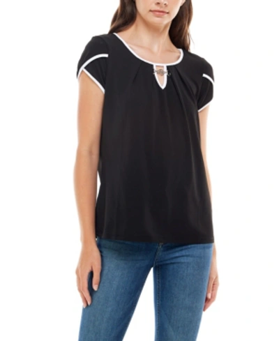 Adrienne Vittadini Women's Tulip Sleeve Top With Contrast Binding In Black