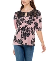 ADRIENNE VITTADINI WOMEN'S ELBOW PUFF SLEEVE PEASANT TOP WITH LACE YOKE