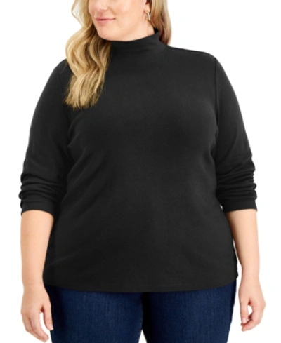 Karen Scott Plus Size Mock-neck Top, Created For Macy's In Deep Black