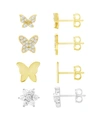 Essentials High Polished And Cubic Zirconia Butterfly Flower Mix Match 4 Stud Earring Set, Gold Plate And Silve In Gold-tone And Silver-tone
