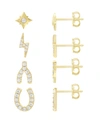 ESSENTIALS HIGH POLISHED AND CUBIC ZIRCONIA MULTI MOTIF MIX MATCH 4 STUD EARRING SET, GOLD PLATE
