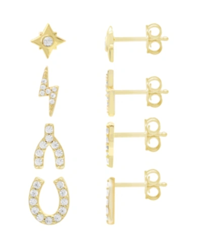 Essentials High Polished And Cubic Zirconia Multi Motif Mix Match 4 Stud Earring Set, Gold Plate In Gold-tone