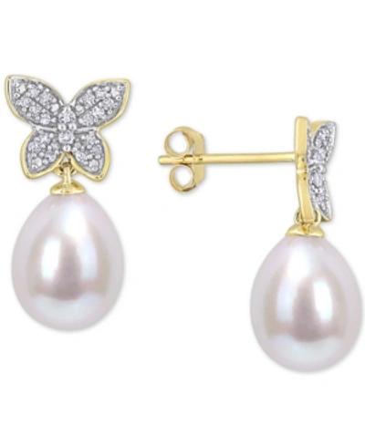 Macy's Cultured Freshwater Pearl (8-1/2mm) & Diamond (1/8 Ct. T.w.) Butterfly Stud Earrings In 14k Gold In White