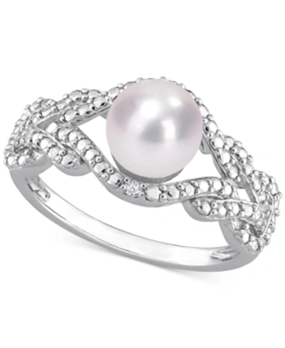 Macy's Cultured Freshwater Pearl (7mm) & Diamond Accent Openwork Ring In Sterling Silver In White