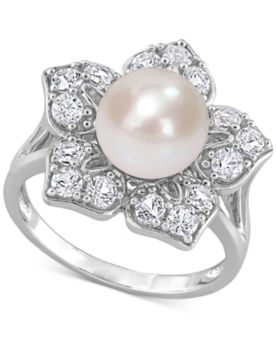 Macy's Cultured Freshwater Pearl (8-1/2mm) & Lab-created White Sapphire (1-1/3 Ct. T.w.) Flower Ring In Ste