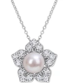 Macy's Cultured Freshwater Pearl (8-1/2mm) & Lab-grown White Sapphire (1-1/3 Ct. T.w.) Flower 18" Pendant N In Silver