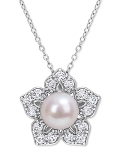 Macy's Cultured Freshwater Pearl (8-1/2mm) & Lab-grown White Sapphire (1-1/3 Ct. T.w.) Flower 18" Pendant N In Silver