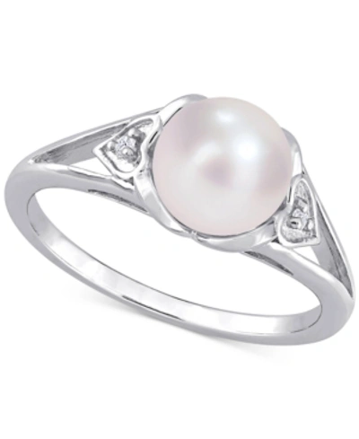 Macy's Cultured Freshwater Pearl (7mm) & Diamond Accent Heart Shoulder Ring In Sterling Silver In White