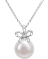 Macy's Cultured Freshwater Pearl (12mm) & Lab-created White Sapphire Accent Bow 18" Pendant Necklace In Ste In Silver