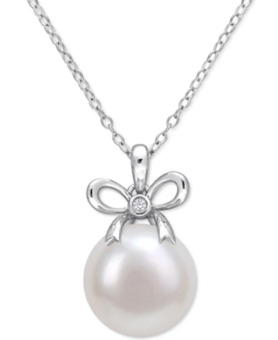 Macy's Cultured Freshwater Pearl (12mm) & Lab-created White Sapphire Accent Bow 18" Pendant Necklace In Ste In Silver